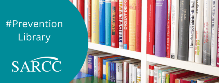#Prevention Library white text over teal circle with a photo of books on a shelf and SARCC logo.